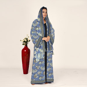 Abaya de Chifón con Motivo Floral, Pañuelo para la Cabeza Coordinado, Frente Abierto, Manga Larga, Ropa Musulmana Modesta para Mujer, Estilo Árabe, para Oración del Eid - Product Image 3
