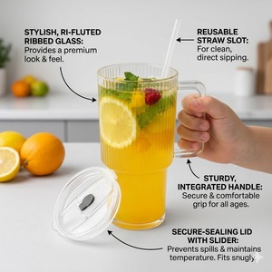 Gobelet en verre moderne avec couvercle et paille, isolé, sans BPA, compatible lave-vaisselle, pour les voyages, design à paroi épaisse transparente, unisexe - Product Image 4