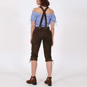 Womens Traditional Lederhosen Authentic Suede Leather Shorts with Detailed Floral Embroidery and Matching Adjustable Suspenders - Product Image 2