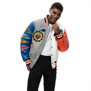 Chaqueta Varsity para Hombre, Gris y Blanca, con Mangas de Cuero PU, Parches Bordados, Estilo Preppy, Cuello Camisero, Corte Regular, Otoño - Product Image 6