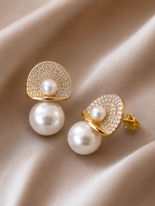 Luxury Gold Plated Pearl <b>Stud</b> Drop <b>Earrings</b> <b>Crystal</b> Pave Fan Design Orthodox Trendy Elegant Jewelry Women Party Gift - Product Image 3