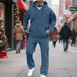 Ensemble de survêtements décontractés respirants pour hommes, 2 pièces, couleur unie, fermeture éclair, coupe décontractée, sweat à capuche et pantalon de jogging en molleton - Product Image 1