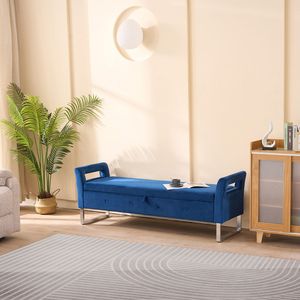 Panca Morbida in Velluto Blu Navy con Braccioli, Larga 172 cm, con Vano Contenitore per Soggiorno, Ingresso, Camera da Letto - Product Image 1