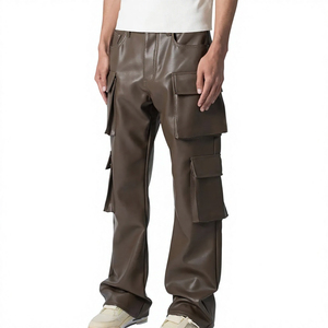 Men brown PU leather pants High waist biker <b>trousers</b> Zipper fly multiple pockets Windproof straight fit pants - Product Image 4