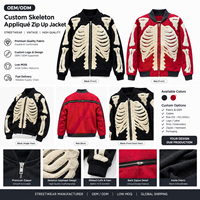 Blouson Bomber Unisexe en Laine Personnalisé avec Applique Squelette et Fermeture Éclair, Style Streetwear, Manteau Polaire Type Varsity, Rouge et Noir, Design Vintage