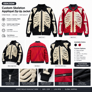Custom Woolen Winter Stand Skeleton Applique Zip Bomber Jacket Unisex Streetwear Fleece Varsity <b>Coat</b> Red <b>Black</b> Vintage Design - Product Image 1