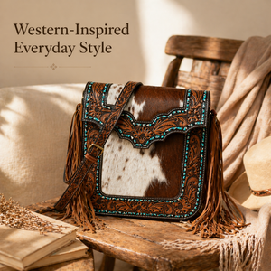 Sac à bandoulière élégant pour femme en cuir avec poils |   Sac à bandoulière en cuir de vache véritable, style western, avec franges, fait main, sac à main rustique et tendance - Product Image 2