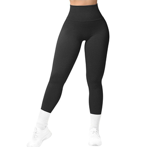 <b>High</b> <b>Waist</b> Full Length Ribbed <b>Leggings</b> Solid Color Seamless Spandex Cotton Four-Way Stretch Women Yoga Pants - Product Image 2