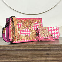 Ensemble assorti sac à main et portefeuille en cuir de vachette fait main, motif à carreaux rose et blanc, prix bas, personnalisable en usine