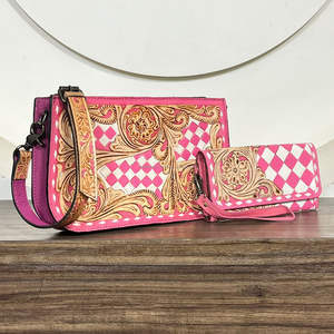 Ensemble assorti sac à main et portefeuille en cuir de vachette fait main, motif à carreaux rose et blanc, prix bas, personnalisable en usine - Product Image 4