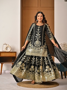 Elegant vichitra silk sharara palazzo suit with <b>sequins</b> embroidery full sleeves <b>top</b> and matching dupatta graceful ethnic festive - Product Image 2