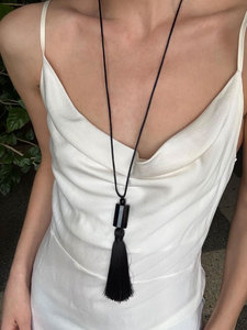 Black Tassel Pendant <b>Necklace</b> Long Cord Minimalist Boho <b>Statement</b> Handmade Fashion Jewelry for Women - Product Image 2
