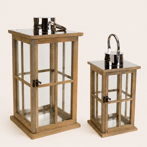 Wooden Candle <b>Lantern</b> <b>Set</b> of 2 with Stainless Steel Top Decorative Farmhouse Glass Floor <b>Lanterns</b> Vintage Brown Finish - Product Image 2