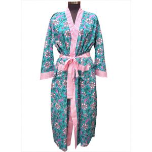 Robe kimono longue en coton 100% pour femme indienne, col en V, ouverte sur le devant, rayures roses, poche avec ceinture de fermeture, tenue décontractée d'été - Product Image 1
