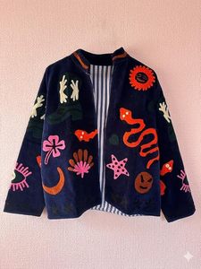 Handmade Suzani Embroidered Eco-Friendly Quilted Cotton <b>Jacket</b> <b>Kantha</b> Stitch Bohemian Floral Pattern Lightweight Stand Collar - Product Image 3