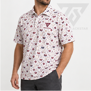 Trackstar <b>Men's</b> White <b>Burgundy</b> Carnival Mask Print <b>Polo</b> <b>Shirt</b> Short Sleeve Button Collar Golf <b>Shirt</b> Custom Logo - Product Image 4