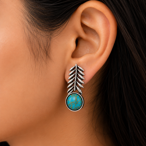 Direct Wholesale Trendy Antique Silver Plated Stainless Steel Plant Design Bezel Setting <b>Stud</b> <b>Earrings</b> <b>Turquoise</b> Stone Women's - Product Image 2