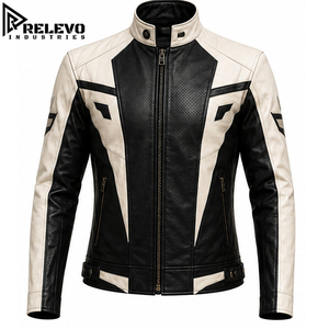 Premium Men's Slim Fit Black & White Leather Biker Jacket, Armor Style Coat with Perforated Front and Stand Collar Customized - Product Image 1