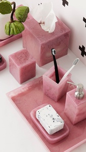 Five-Piece Customized Resin Eco-Friendly Portable Bathroom Set Minimalist Pink Soap Dish <b>Toothbrush</b> <b>Holder</b> Tray Convenient Use - Product Image 6