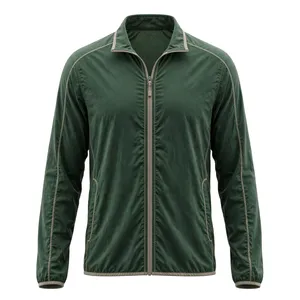 Veste décontractée pour homme en denim vert délavé, à fermeture éclair sur le devant, col rabattable, séchage rapide, coupe classique, couleur unie, pour l'automne - Product Image 1