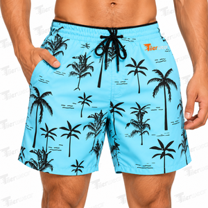 Trajes de Baño para Hombre de Primera Calidad, Color Azul Claro, Estampado de Palmeras, Cintura Media, Cordón Ajustable, Secado Rápido, Shorts de Playa de Poliéster en Venta - Product Image 5