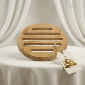 Sous-plat rond en bois rainuré avec étiquette Skies Traders, en bois naturel, pour protéger la table de cuisine et de salle à manger - Product Image 1