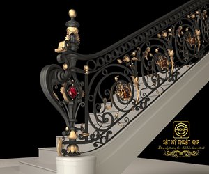 Barandillas de Escalera Modernas de Hierro Fundido KHP con Detalles Dorados Ornamentales, Resistentes al Óxido, Montadas en el Suelo para Uso en Escaleras Interiores, Garantía de 3 Años - Product Image 3