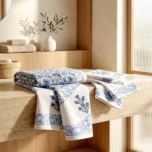 Ensemble de serviettes en coton gaufré unique, 1 serviette de bain et 2 serviettes de toilette, séchage rapide, imprimé floral à la main, ensemble de serviettes rectangulaires pour la maison - Product Image 5