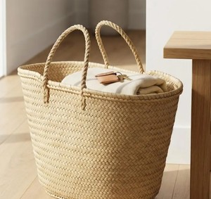 Grand panier fourre-tout marocain fait main en paille, sac de marché tressé en palmier, panier de plage et de rangement, avec poignées courtes ou longues en paille - Product Image 2