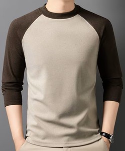 T-shirt à manches longues uni pour homme, col décontracté, lavable en machine, confortable, vintage, brodé, doublé - Product Image 1