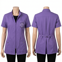 Chaqueta de Barbería para Mujer, 180 GSM, Poliéster y Spandex Premium, Color Morado, Cierre Frontal, Diseño de Paneles Laterales, Logotipo Personalizado con Bordado e Impresión