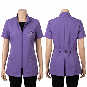 Chaqueta de Barbería para Mujer, 180 GSM, Poliéster y Spandex Premium, Color Morado, Cierre Frontal, Diseño de Paneles Laterales, Logotipo Personalizado con Bordado e Impresión - Product Image 6