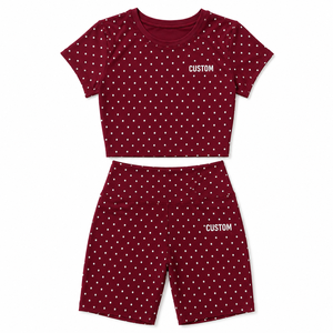 Custom Logo Women 2 Piece Yoga Set Brown Polka Dot <b>Short</b> Sleeve Crop Top <b>Shorts</b> High Waist Elastic <b>Ruched</b> Design Activewear Suit - Product Image 3