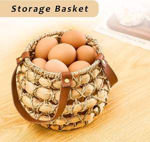 Handwoven Seagrass Storage <b>Basket</b> With Leather Handle Wicker Organizer Bin For Eggs Fruits Kitchen Storage Decor - Product Image 6