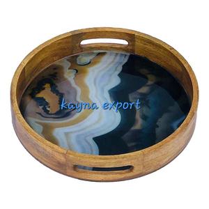 Bandejas de servicio de chapa de abedul de madera con impresión de estilo europeo, bandeja de madera impresa de forma redonda con acabado de esmalte brillante de madera de mango - Product Image 2