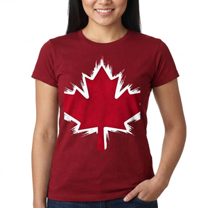 Men's Red Cotton T-Shirt With White Maple <b>Leaf</b> Print O-Neck Short Sleeve Casual Regular Fit Jersey Knitted Front Logo - Product Image 2