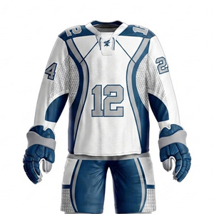 Ensemble d'uniformes de hockey sur glace personnalisés par sublimation pour hommes adultes, maillot et pantalon, manches longues, col en V, maille respirante, blanc et bleu, taille 12 - Product Image 5