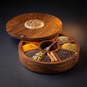 Wooden Spice <b>Box</b> Masala Dabba with Lid Traditional Indian Kitchen <b>Storage</b> Organizer - Product Image 1