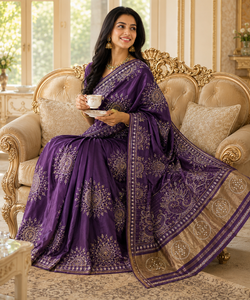 CHOHAN TEXTILE <b>Purple</b> Moonga Silk <b>Saree</b> Wholesale Indian Wedding Wear Gold Embroidery Zari Border Traditional Bridal Vintage - Product Image 4