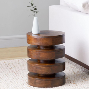 Modern <b>Round</b> Solid Teak Wood Layered <b>Side</b> Accent <b>Table</b> - Product Image 1