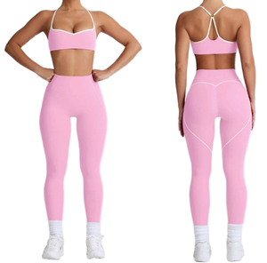Ensemble de vêtements de sport respirants à motif uni avec logo personnalisé, ensemble de sport pour femmes, Pilates, yoga, ensemble de soutien-gorge et leggings 2 pièces - Product Image 1