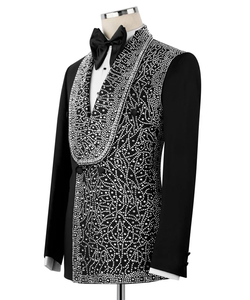 Men’s Black Rhinestone Embellished Tuxedo <b>Blazer</b> – Shawl Lapel Designer Wedding & Party Suit Jacket - Product Image 3