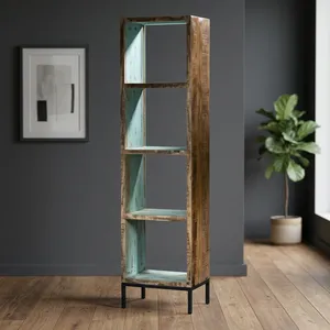 Rustic <b>Wooden</b> Iron 4 Cube <b>Rack</b> with Open Shelves and Reclaimed Finish for Living Room <b>Storage</b> - Product Image 3