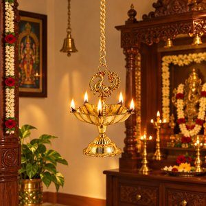 Lámpara de aceite india colgante de latón con cadena, Thooku Vilakku, decoración tradicional para templos de Puja, portavelas colgante al por mayor - Product Image 3