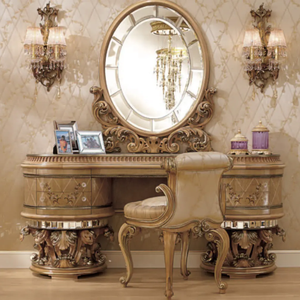 European Royal Classic Solid Mahogany Dressing <b>Table</b> with Oval <b>Mirror</b> Full Gold Carved Antique Vanity for Resort Villa Bedroom - Product Image 3