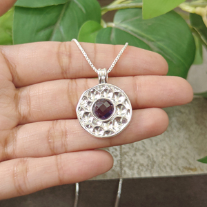 Classic Round Amethyst Quartz Pendant Necklace with Hammered Texture Silver Plated <b>Box</b> Chain Unisex Everyday Jewelry Necklace - Product Image 2