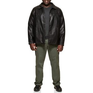 Veste en cuir véritable noire pour homme avec fermeture éclair, col rabattu, vêtement d'hiver décontracté, coupe régulière, couleur unie - Product Image 3