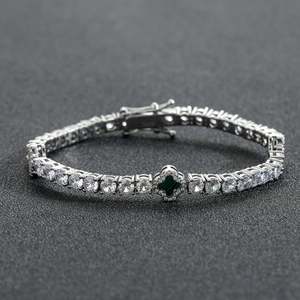 Pulsera de tenis RB Gems VVS Moissanite Clover de plata de ley 925, estilo Hip Hop, chapada en rodio, con incrustaciones de malaquita y ónix. - Product Image 1