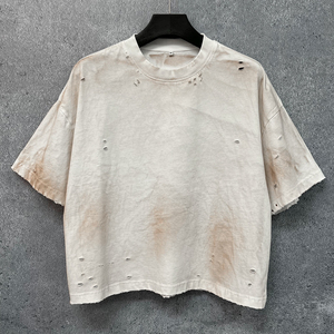 T-shirt Homme Oversize Manches Courtes Col Rond Coton Lavé Jersey Style Urbain Coupe Courte Couleur Unie - Product Image 1