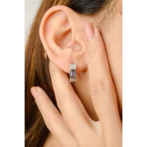 14K Rose <b>Gold</b> <b>Huggie</b> Hoop Earrings with Blue Sapphire and Diamond Cluster - Product Image 6